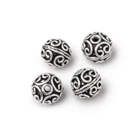 10mm Antiqued Silver Plated Copper Simple Scroll Round Set of 4 Beads