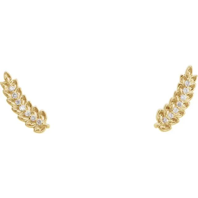 14KT GOLD 0.04 CTW DIAMOND LEAF EAR CLIMBERS