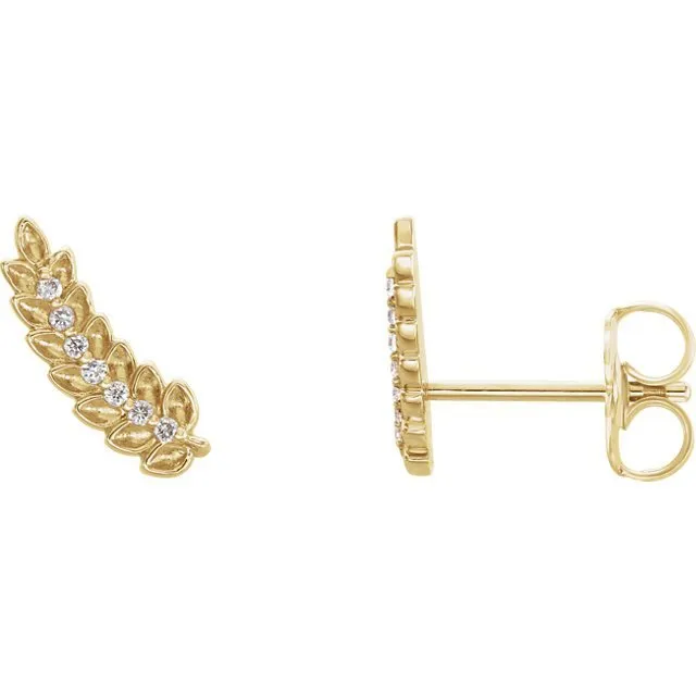 14KT GOLD 0.04 CTW DIAMOND LEAF EAR CLIMBERS