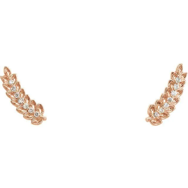 14KT GOLD 0.04 CTW DIAMOND LEAF EAR CLIMBERS