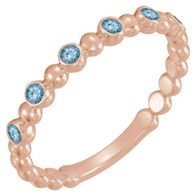 14KT GOLD 0.12 CTW AQUAMARINE 3 STONE BEADED STACKABLE RING