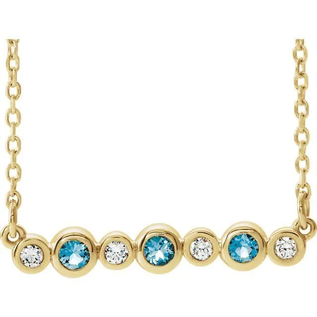 14KT GOLD 0.12 CTW AQUAMARINE & DIAMOND BEZEL-SET BAR NECKLACE