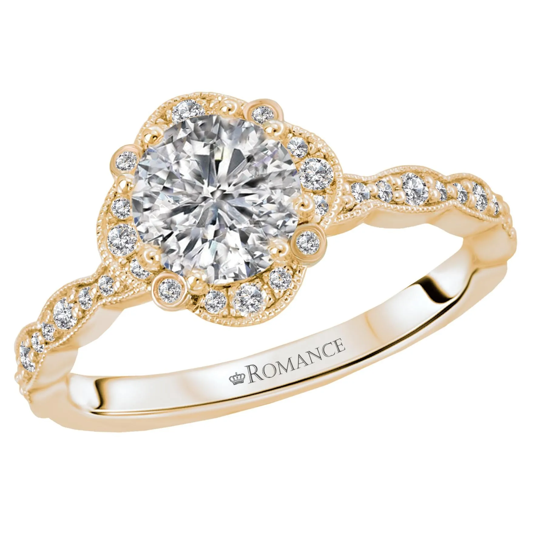 14KT GOLD 1 1/4 CTW DIAMOND PINCHED SCALLOP MILGRAIN HALO RING