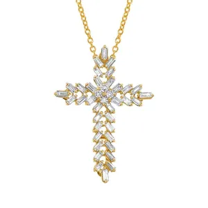 14KT GOLD 1/2 CTW ROUND & BAGUETTE DIAMOND CROSS NECKLACE