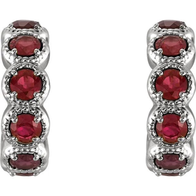 14KT GOLD 1.25 CTW ROUND GARNET J HOOP EARRINGS