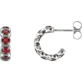 14KT GOLD 1.25 CTW ROUND GARNET J HOOP EARRINGS