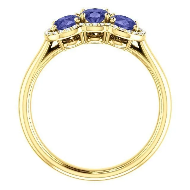 14KT GOLD 1.50 CTW TANZANITE & .10 CTW DIAMOND 3 STONE OVAL HALO RING