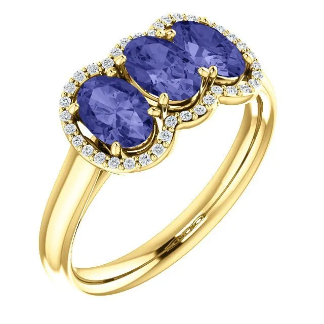 14KT GOLD 1.50 CTW TANZANITE & .10 CTW DIAMOND 3 STONE OVAL HALO RING