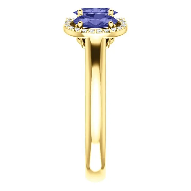 14KT GOLD 1.50 CTW TANZANITE & .10 CTW DIAMOND 3 STONE OVAL HALO RING