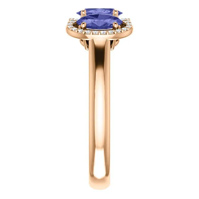 14KT GOLD 1.50 CTW TANZANITE & .10 CTW DIAMOND 3 STONE OVAL HALO RING