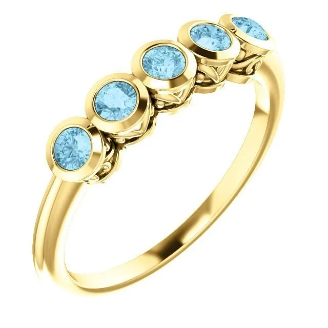 14KT GOLD 3/10 CTW ROUND AQUAMARINE 5 STONE RING