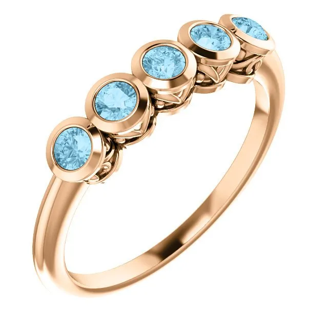 14KT GOLD 3/10 CTW ROUND AQUAMARINE 5 STONE RING