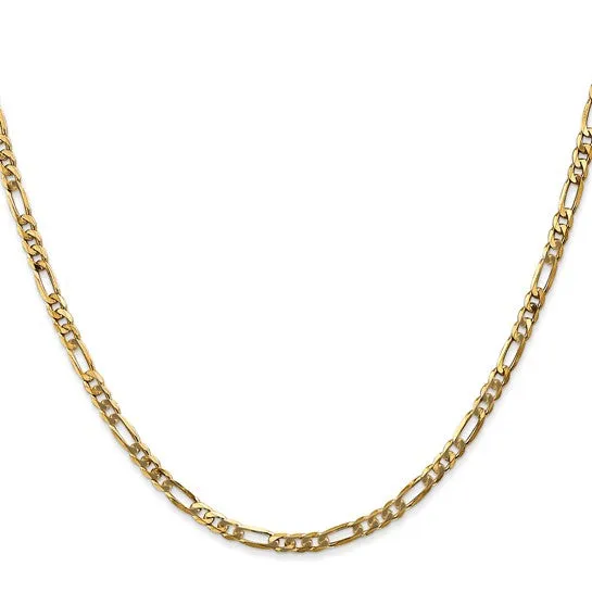 14KT GOLD 3MM FLAT FIGARO CHAIN NECKLACE - 4 LENGTHS & 2 COLORS