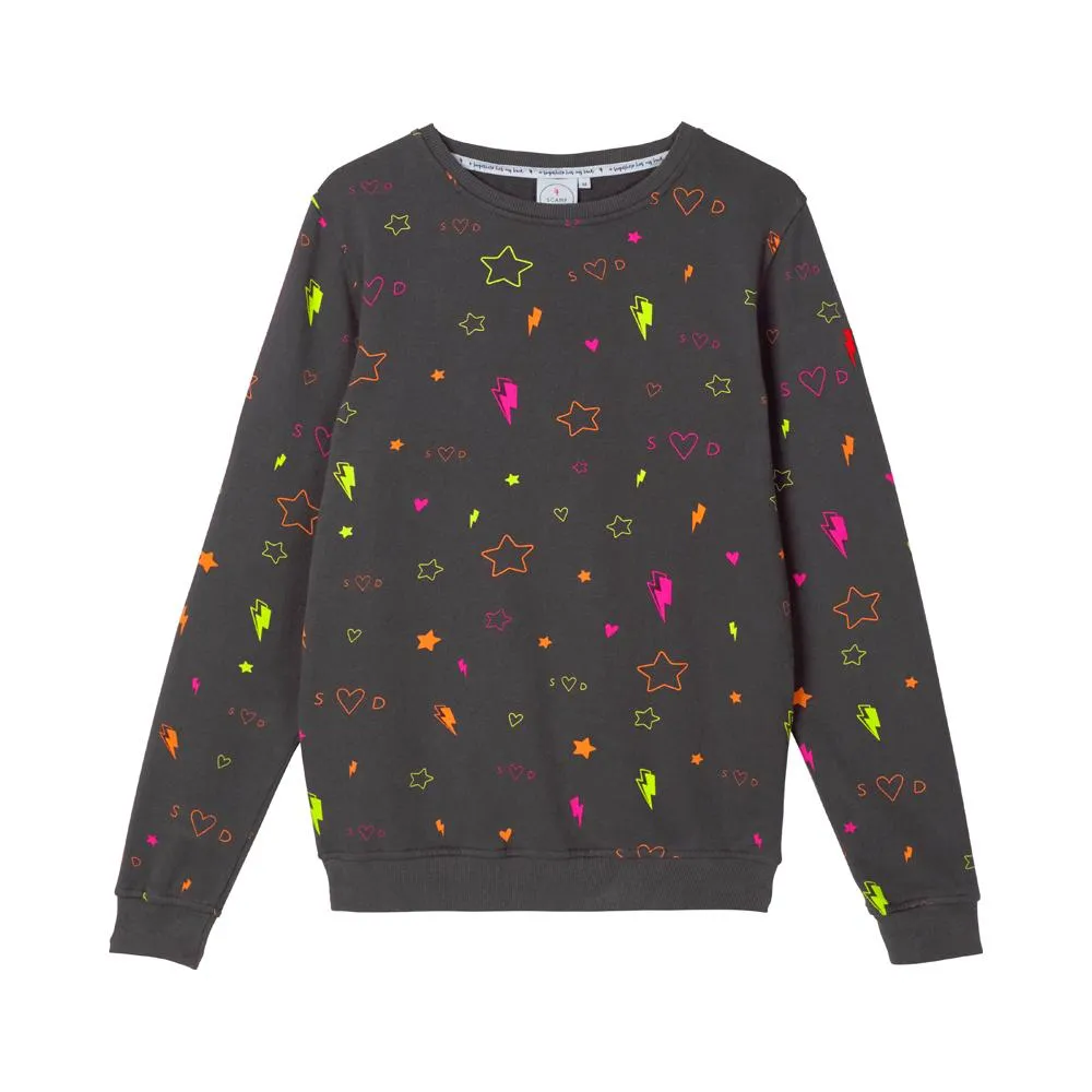 Adult Super Soft Sweatshirt Dark Grey with Neon Heart and Stars