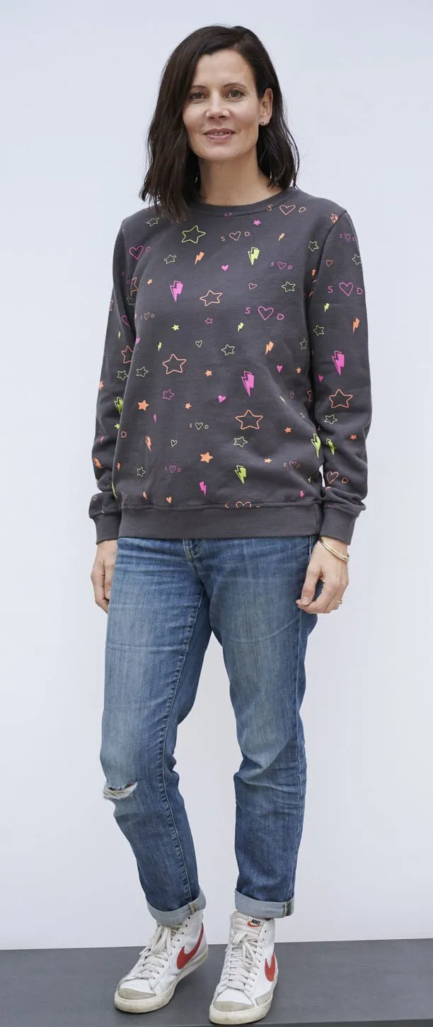 Adult Super Soft Sweatshirt Dark Grey with Neon Heart and Stars