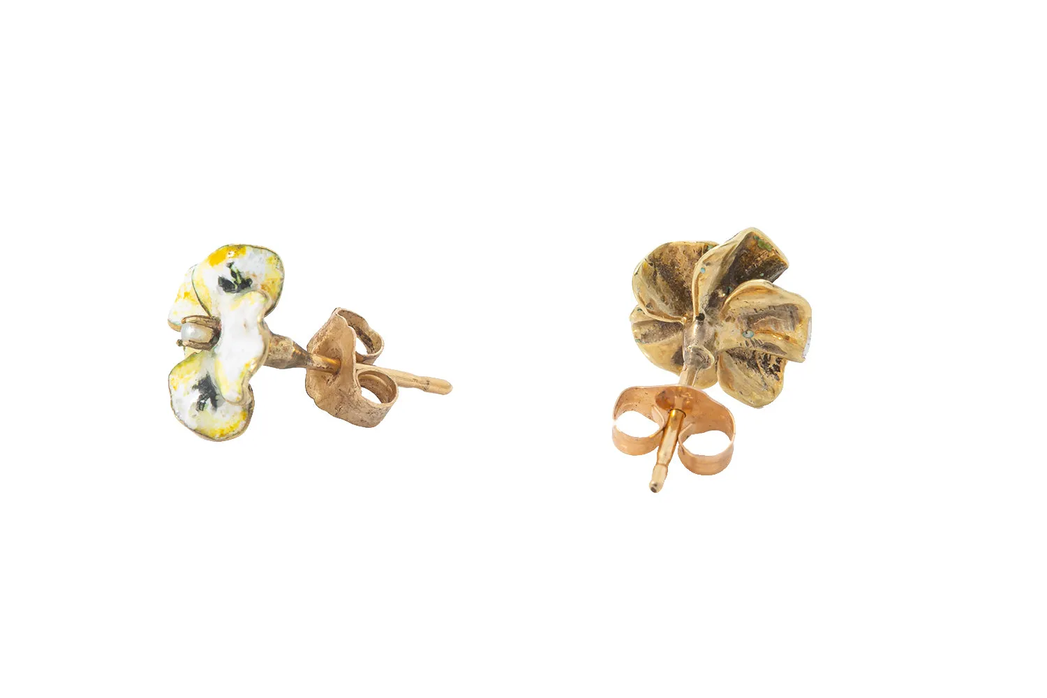 Antique Hand Painted Buttercup 14k 585 Yellow Gold Flower Nature Motif Seed Pearl Earrings