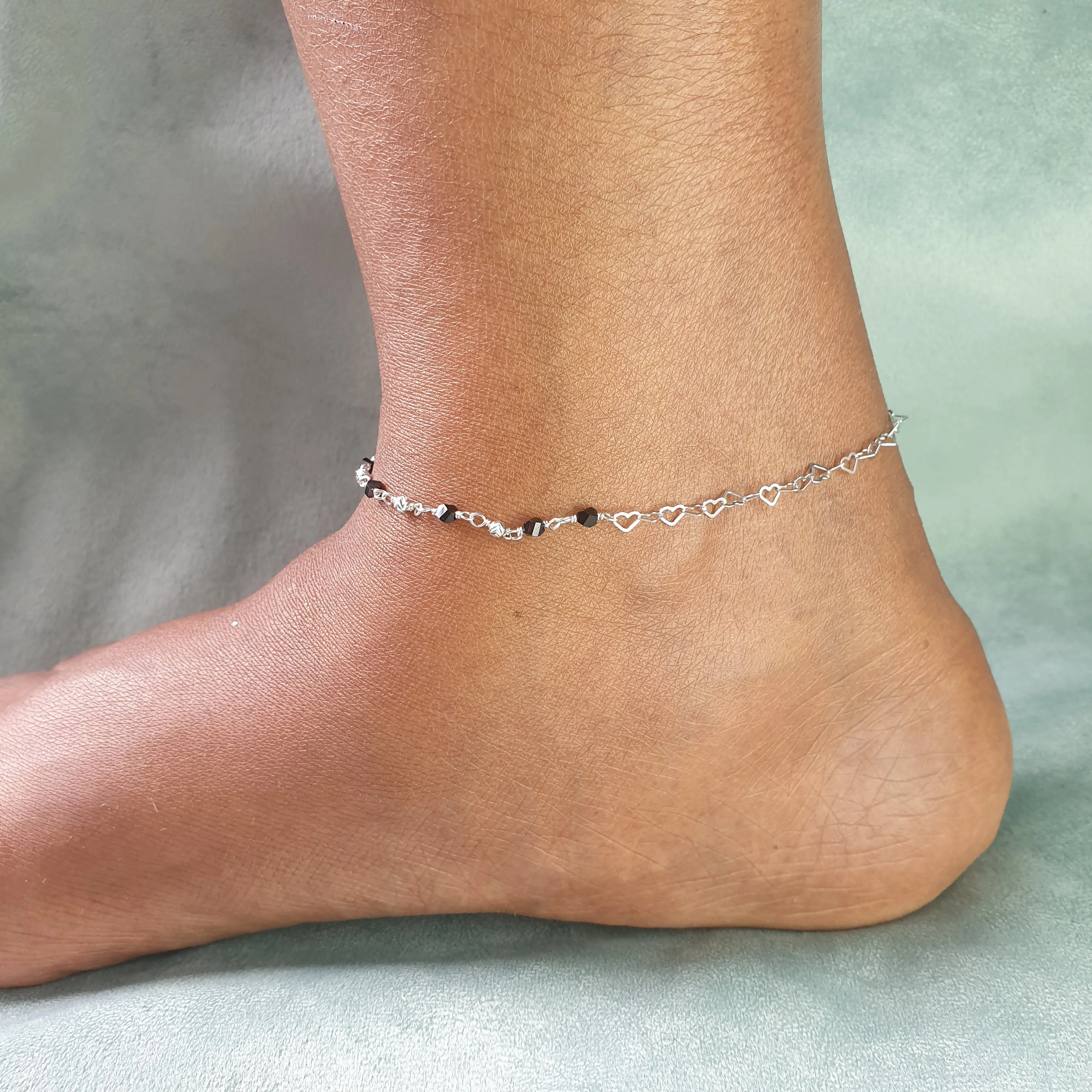 Black Bead Heart Silver Anklet