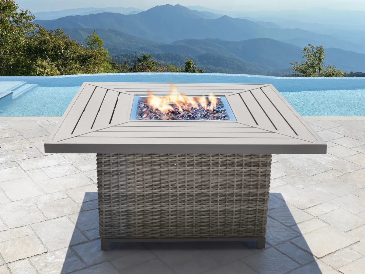 Corbin Fire Table, Spa Blue Fabric, Beige Frame & Beige Top