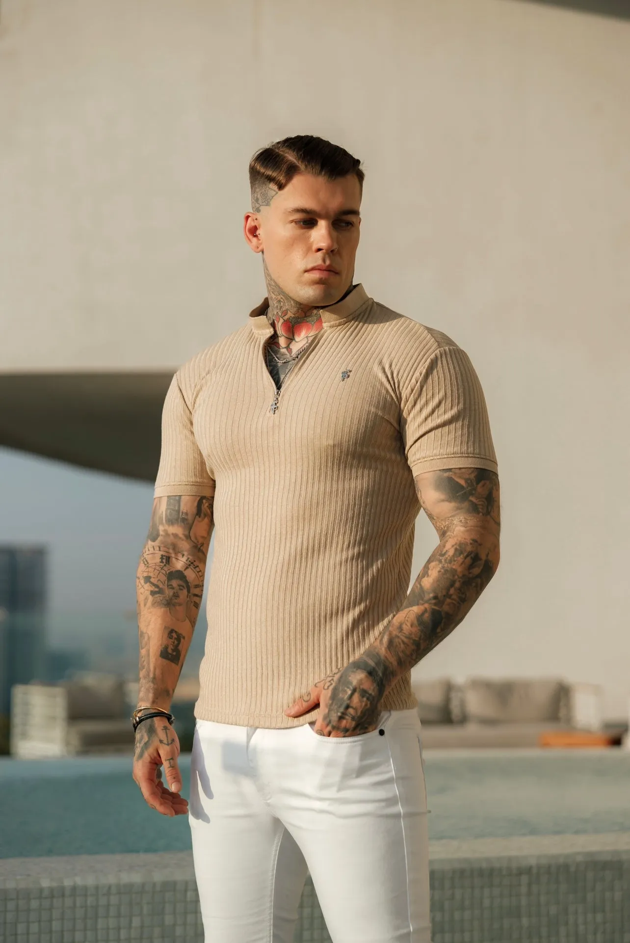 Father Sons Classic Beige / Beige Ribbed Silver Zip Grandad Collar Shirt Short Sleeve - FSH916