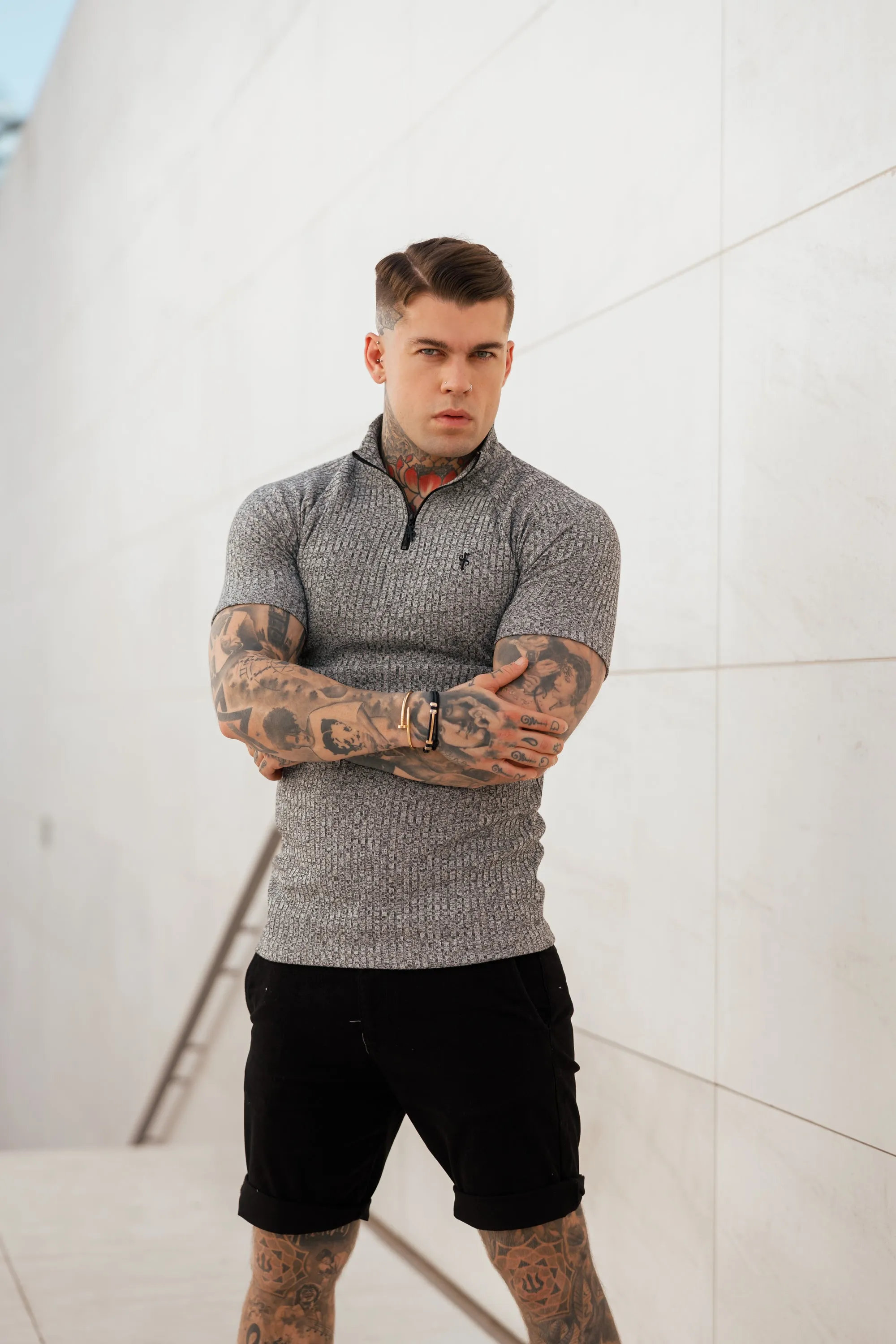 Father Sons Classic Grey Ribbed Zip Funnel Neck Raglan Short Sleeve Crew - FSH730