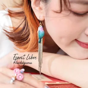 NB - J813 Pink&Blue Bird with Fringes earrings - Esprit Libre P2