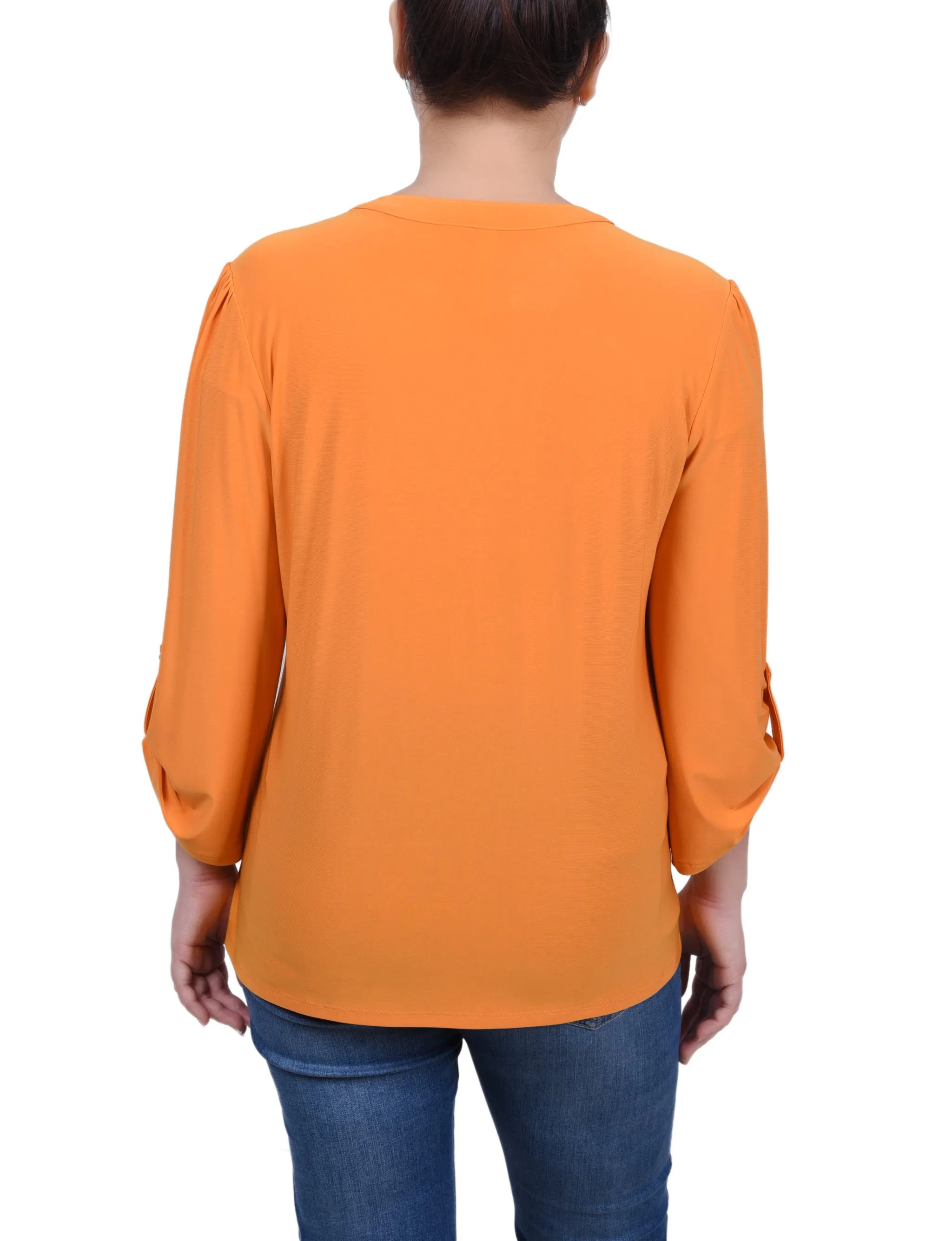 Petite Long Sleeve Pintuck Front Top With Chain Details