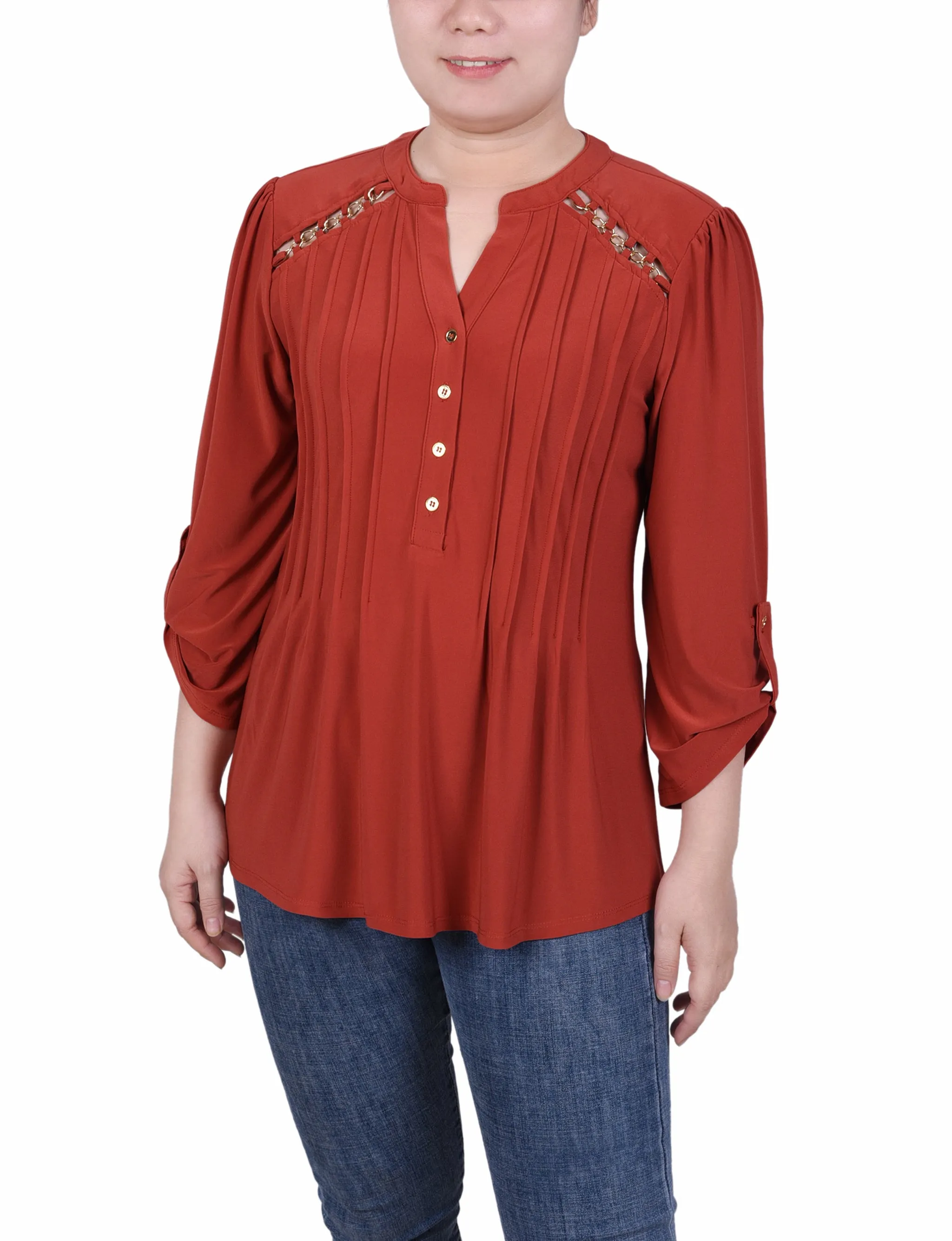 Petite Long Sleeve Pintuck Front Top With Chain Details