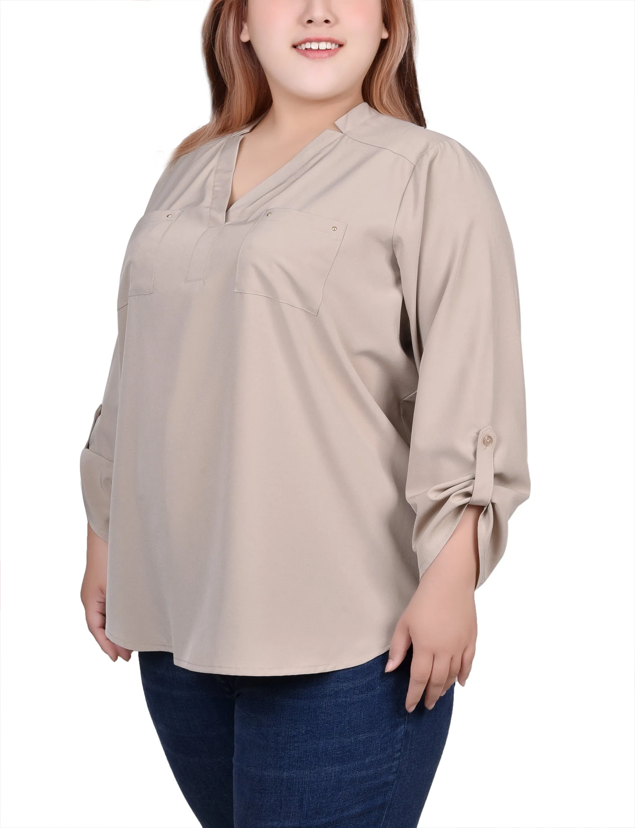 Plus Size Roll Tab Sleeve Blouse with Pockets