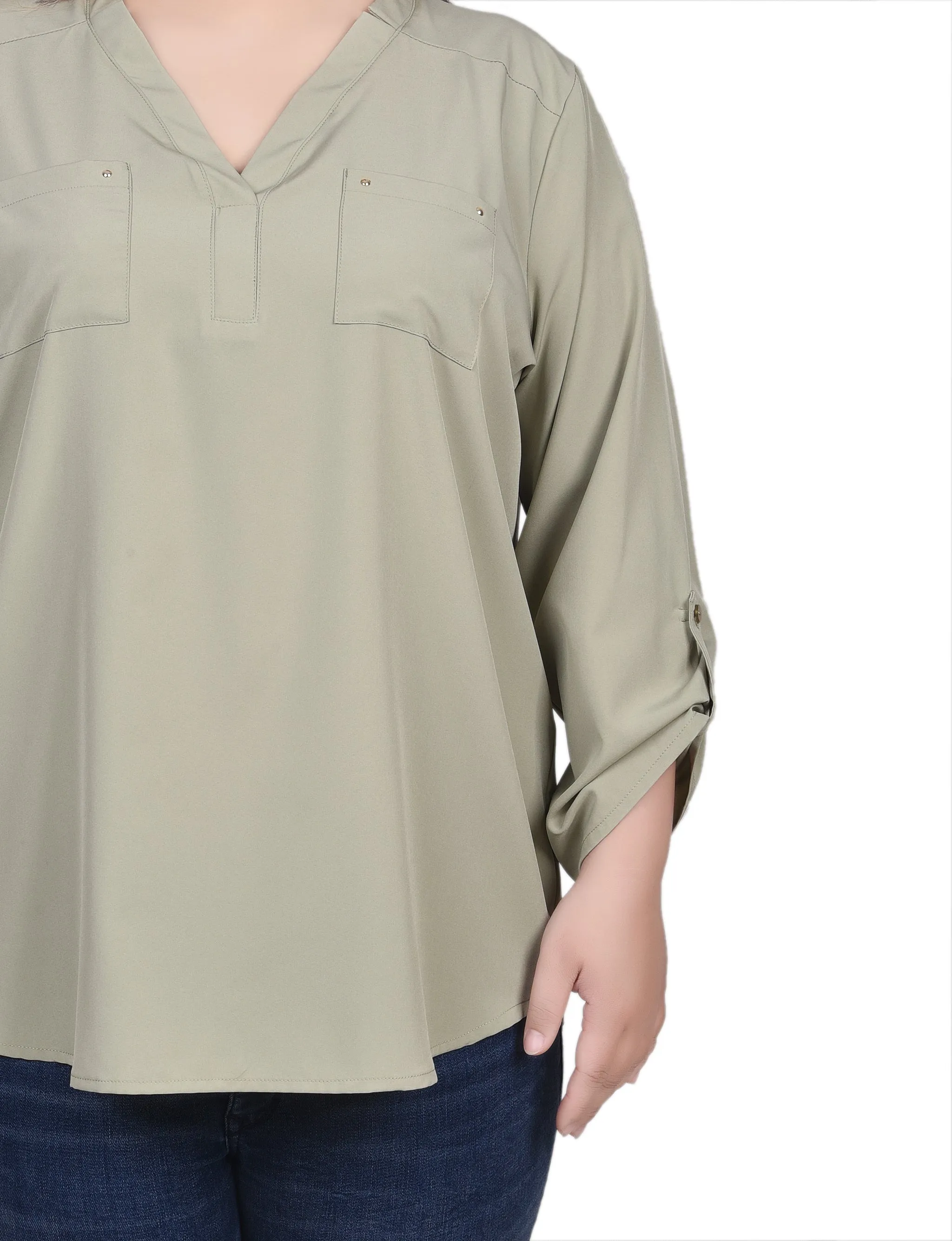 Plus Size Roll Tab Sleeve Blouse with Pockets