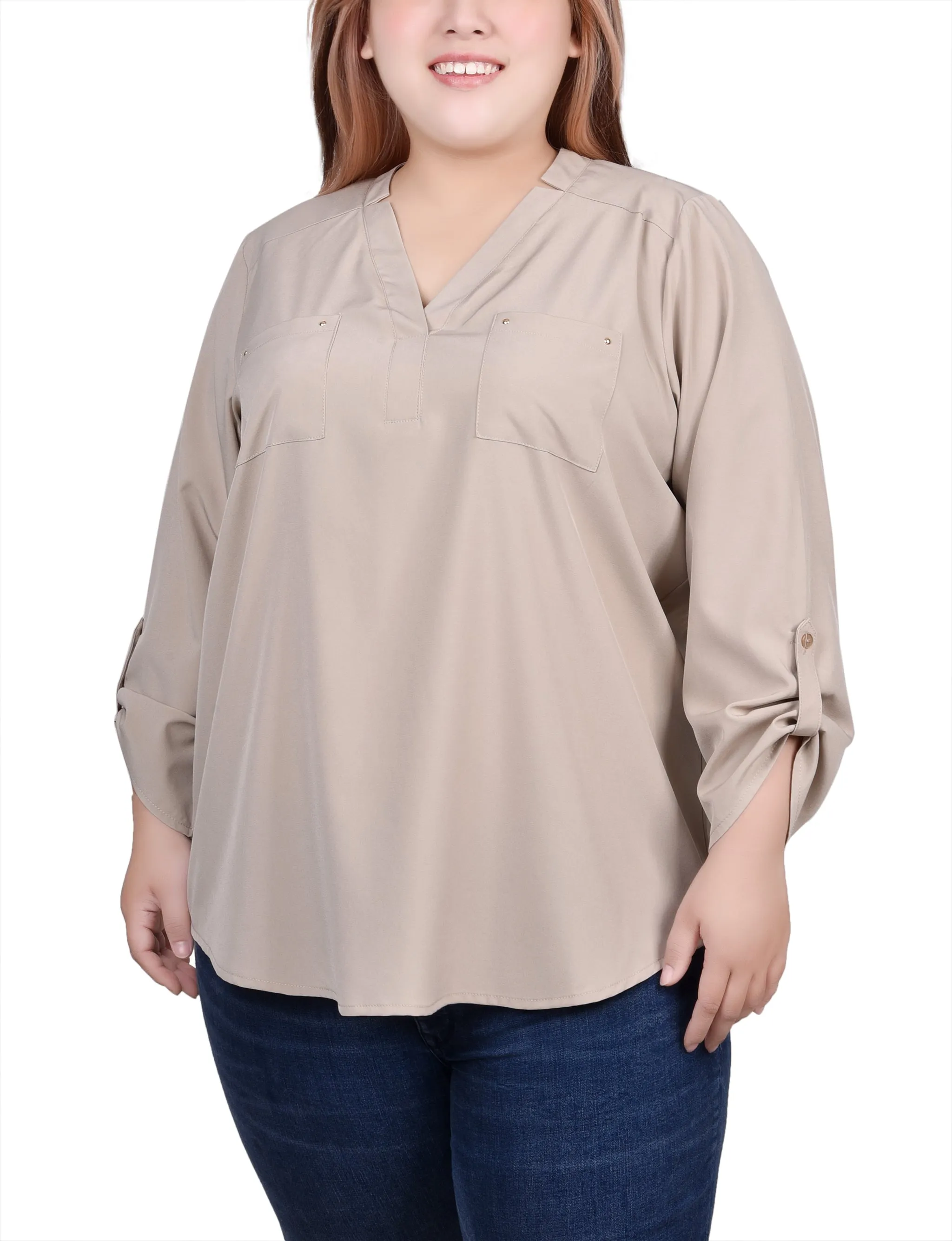 Plus Size Roll Tab Sleeve Blouse with Pockets