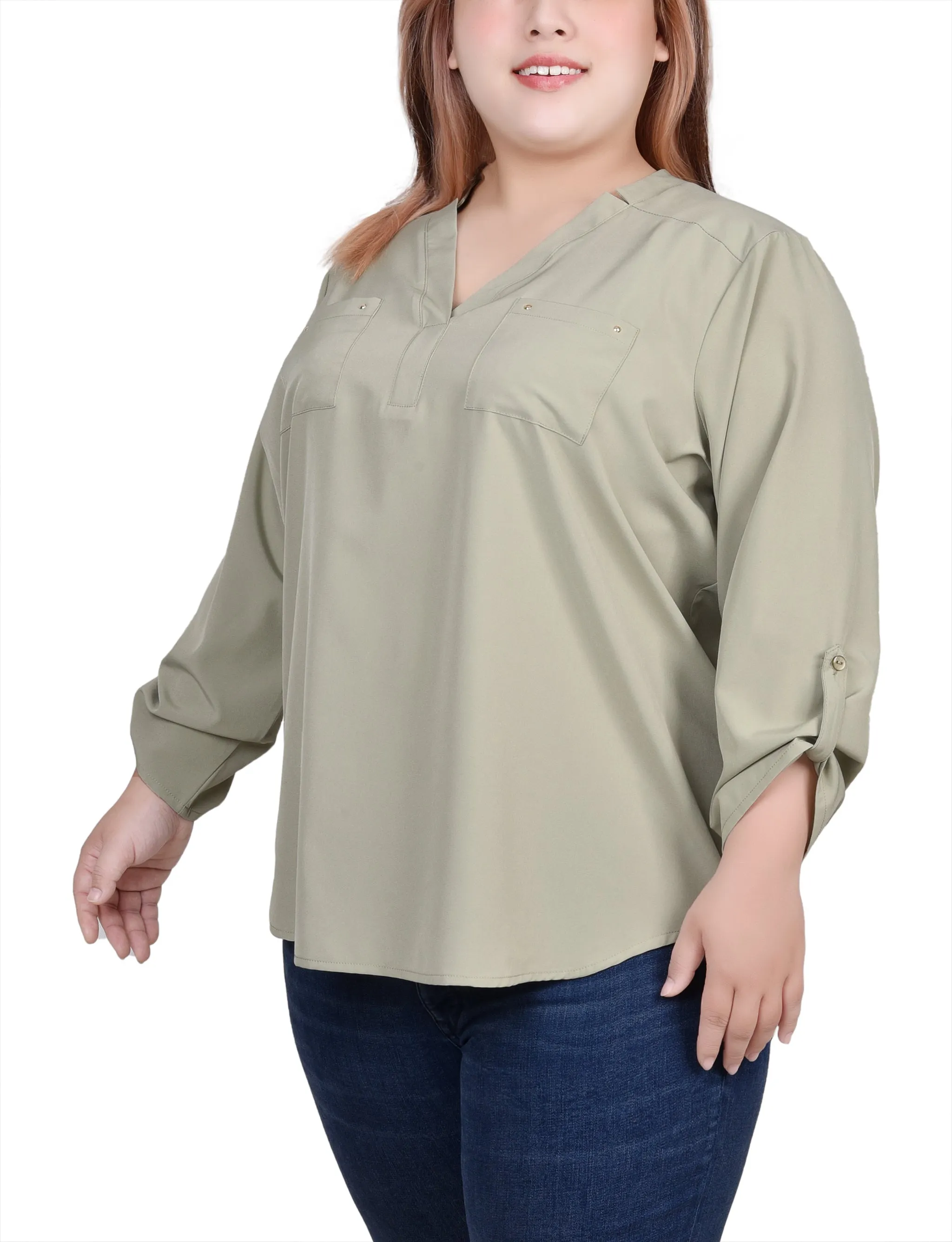 Plus Size Roll Tab Sleeve Blouse with Pockets